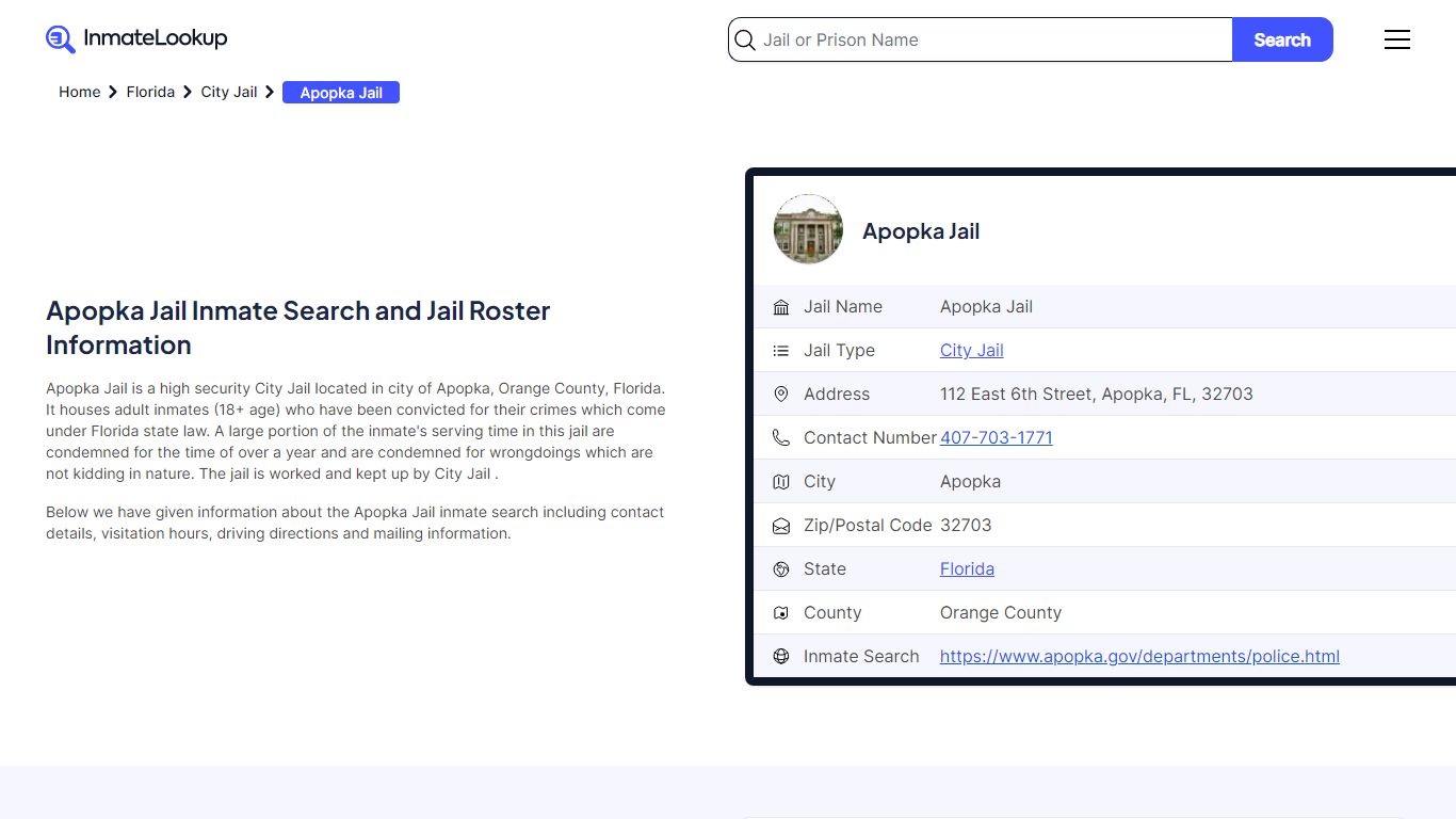 Apopka Jail Inmate Search - Apopka Florida - Inmate Lookup